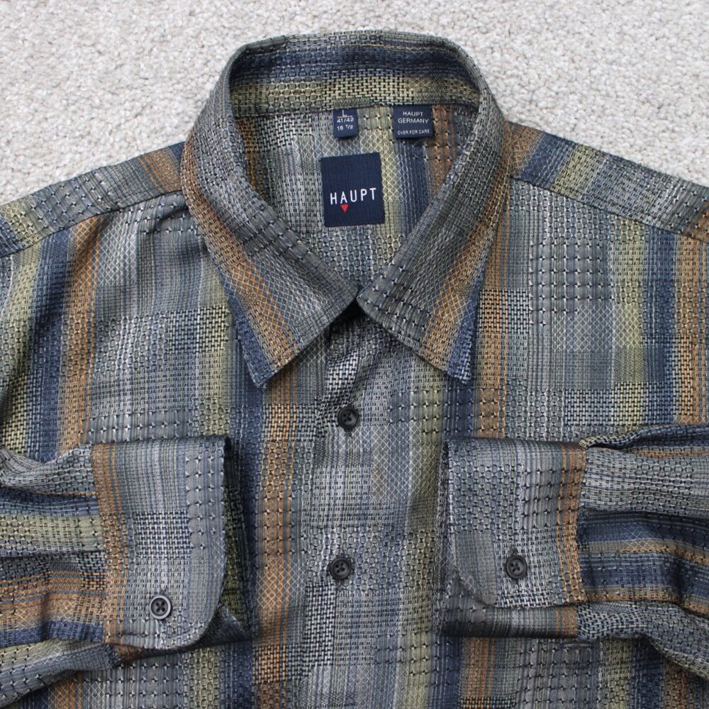 Haupt Shirt Mens 16 1/2, 41/42,  Large Gray/Brown Striped‎ Long Sleeve Button Up